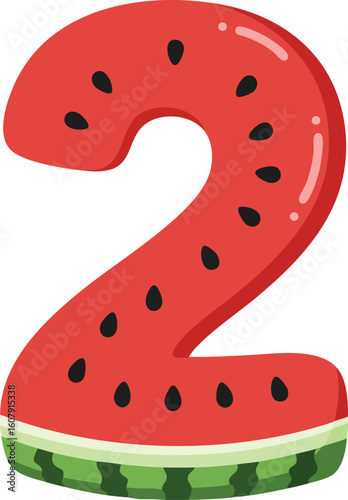 Number two shaped watermelon slice with seeds and green rind vector illustration for summer designs 