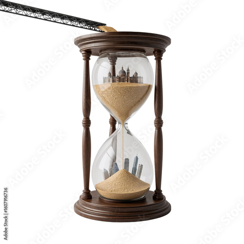 Metaphorical hourglass encapsulates contrasting urban realms within shifting sands of time