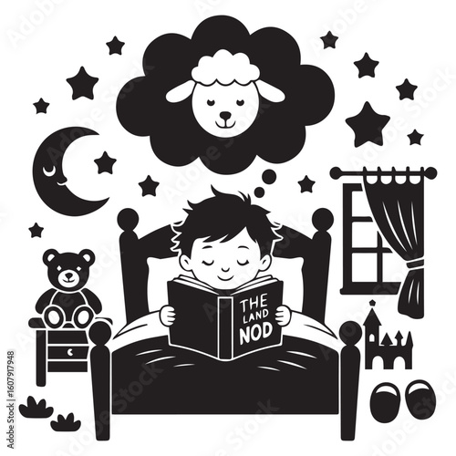 A young boy is reading in bed and dreaming of sheep, stars, and the moon, isolated on white background