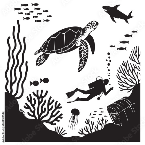 A striking black and white silhouette depicts a scuba diver exploring the ocean depths alongside a turtle, shark, and vibrant coral reefs, capturing the thrill of underwater adventure