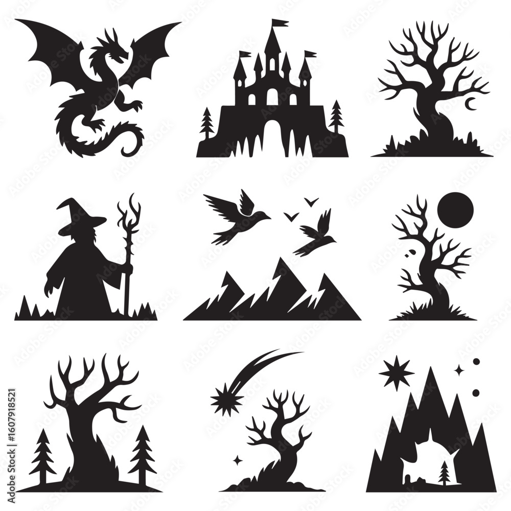 Fototapeta premium A collection of fantasy silhouettes featuring a dragon, castle, wizard, birds, mountains, moon, comet, and stars, creating a magical and enchanting landscape