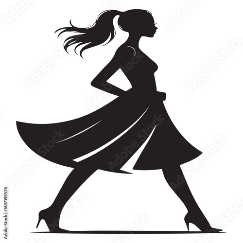 A stylish woman with a ponytail is captured in silhouette as she confidently walks in a flowing dress, isolated on white background