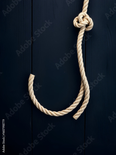 Rope noose on black wooden table, top view. Space for text