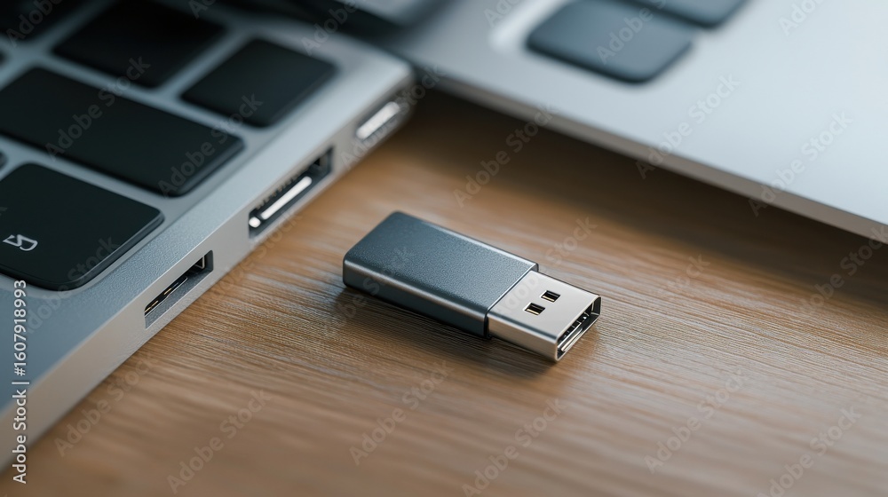 Fototapeta premium A close up shot of a usb drive on a wooden surface next to a laptop keyboard and the laptop body