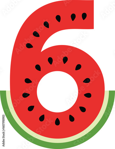 Number six shaped watermelon slice with green rind and black seeds vector illustration for summer designs and counting education 