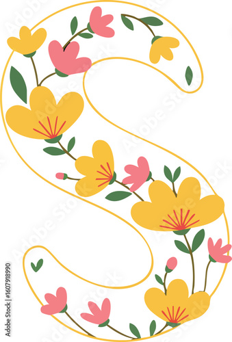 Letter S with yellow and pink floral decorative pattern vector illustration for spring and nature design ideas 