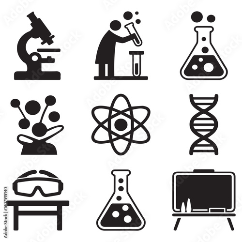 A collection of science and laboratory icons, including a microscope, beakers, and dna, isolated on white background