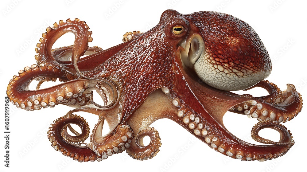 Fototapeta premium Close up shot of a red octopus with curled tentacles and visible suckers against a white background space