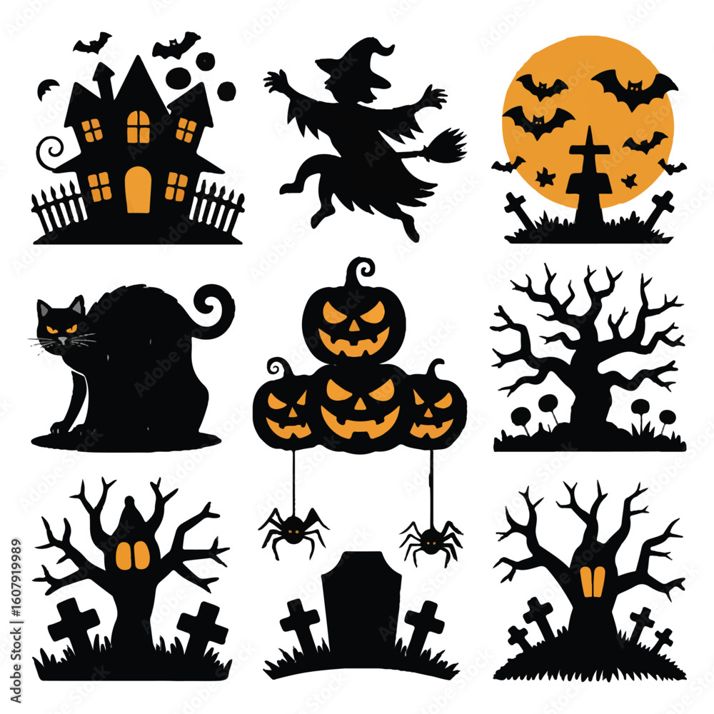 Fototapeta premium Silhouettes of spooky halloween elements, including a haunted house, witch, moon with bats, cat, pumpkins, trees, spiders, and tombstones