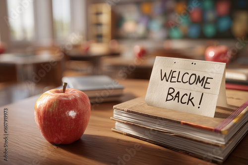 welcome back note with apple in classroom