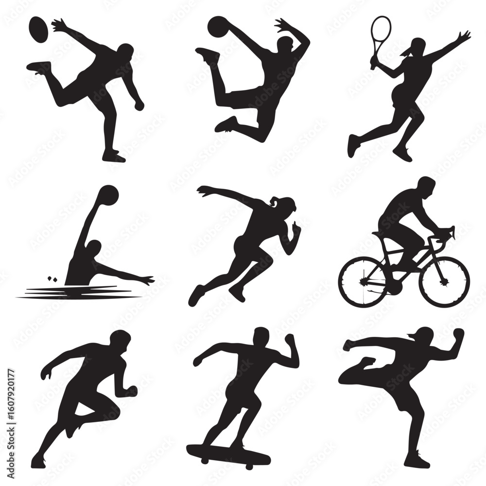 Obraz premium A variety of sports silhouettes including football, basketball, tennis, swimming, running, cycling, and skateboarding isolated on white background