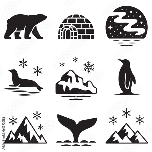 A collection of arctic and antarctic themed icons including a polar bear, igloo, seal, penguin, whale tail, and snowy mountains isolated on white background