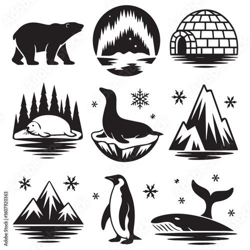 A collection of arctic animals and landscapes are silhouetted against a white background