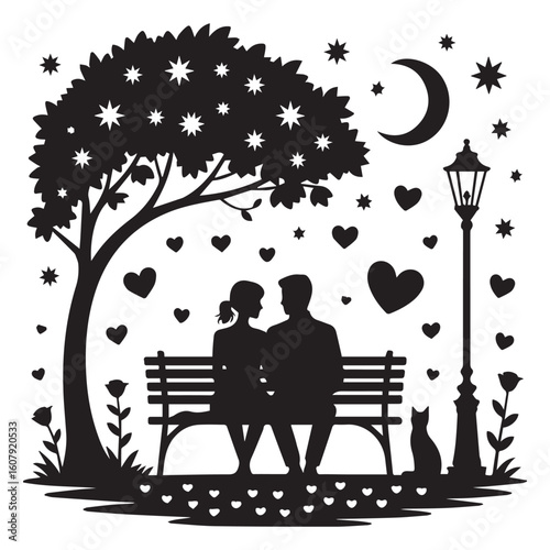 A couple sits on a park bench under the moonlight, surrounded by stars and hearts