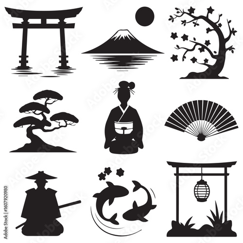 A collection of japanese cultural symbols including a torii gate, mount fuji, a geisha, and a samurai, isolated on white background