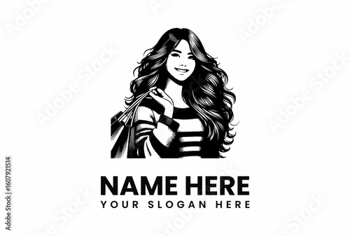 Smiling Woman with Shopping Bags Black and White Illustration.