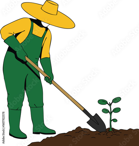 Gardener planting young plant in soil wearing green overalls and yellow hat garden work vector illustration 