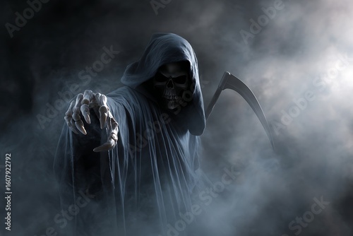 A grim reaper figure in a dark hooded cloak emerging from smoke holding a scythe and reaching out a hand