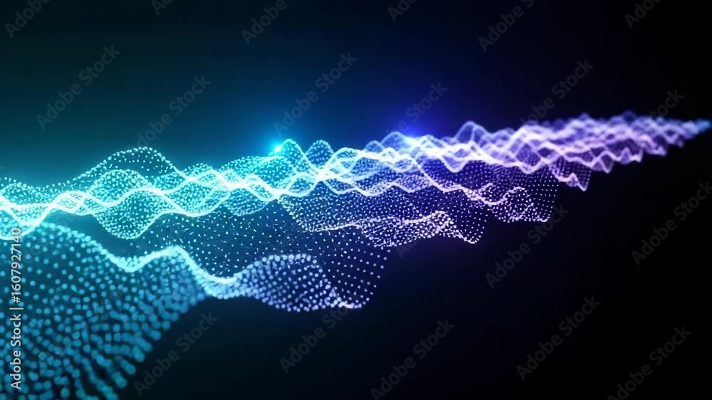 A glowing digital wave composed of countless small particles transitions from vibrant blue to soft purple against a dark background