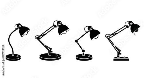Four black and white illustrations of desk lamps in different styles and positions, all facing to the right.