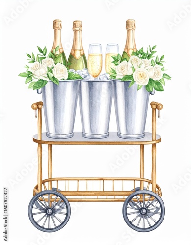 Elegant Gold Champagne Cart with White Roses and Ice Buckets