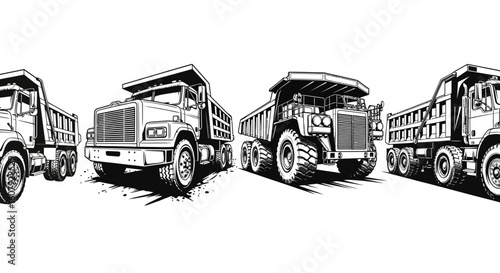Four dump trucks are lined up in a row, depicted in a black and white vector illustration.