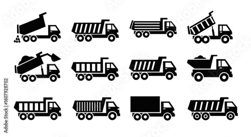 A collection of twelve black and white vector icons depicting various dump trucks and tipper trucks in different orientations and styles.