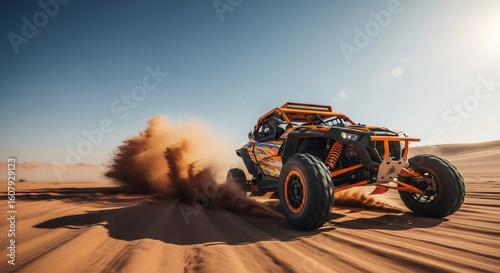 Dune buggy driving fast on desert sand with dust flying, adventure sport and off road racing action concept.
