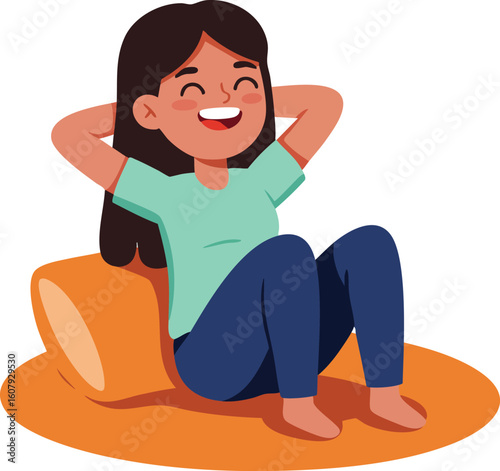 Happy young woman relaxing on orange pillow cushion sitting barefoot in casual clothes vector illustration 