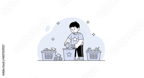 Youngster Tidying Up Toy Room Illustration For Educational And Children Concepts