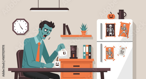 Zombie Colleague Dressed Up In Office With Coffee Cup On Halloween Time
