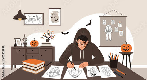 Young Designer Sketching Halloween Costume Designs In Creative Home Studio