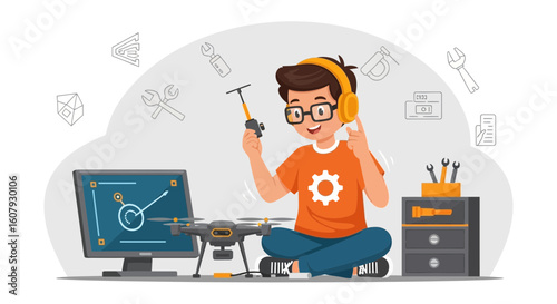 Young Enthusiast Innovating With Advanced Drone Technology In Modern Workspace