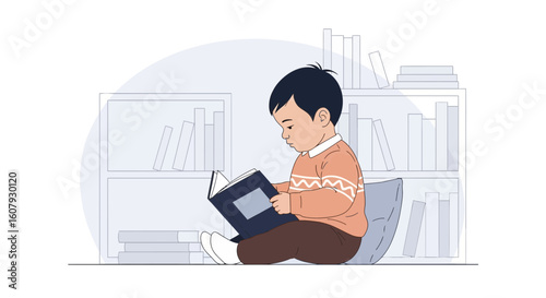 Young Enthusiast: Little Boy Immersed In Reading Adventure Near A Full Bookshelf