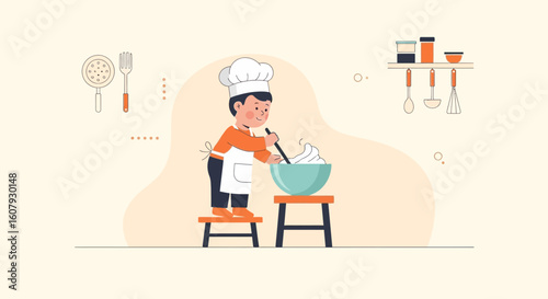 Young Enthusiastic Chef Preparing Delicious Dessert In The Kitchen Flat Vector