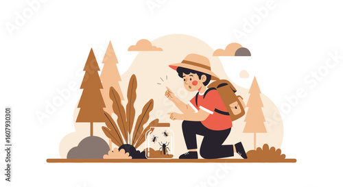 Young Explorer Discovers Fascinating Insects In Natural Environment Scene Illustration
