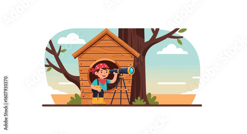 Young Explorer Gazing Through Telescope From Playhouse Adventure Concept