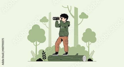 Young Explorer Discovers Nature's Wonders Through Binoculars In Forest Scene