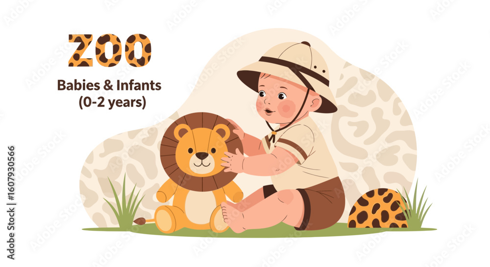 Obraz premium Young Explorer's Adventure With Stuffed Lion At Zoo Theme For Babies And Infants