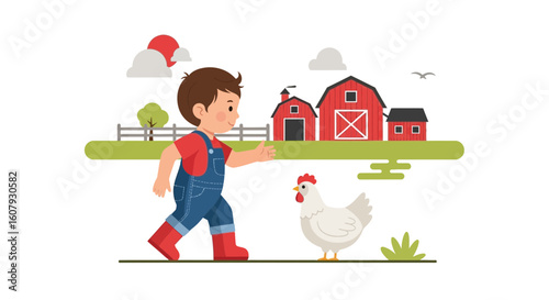 Young Farmer Boy Interacting With A Chicken In A Rural Farm Setting