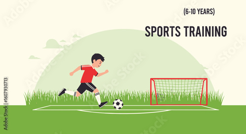 Young Footballer Kicking Ball During Practice On Field Near Goal