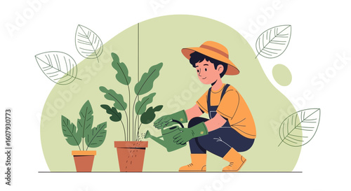 Young Gardener Nurturing Plants With Watering Can In A Tranquil Setting