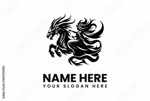 Stylized Black Dragon with Flowing Mane and a Woman Rider Silhouette.