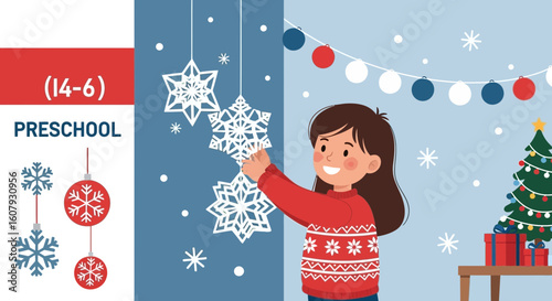 Young Girl Enjoying Decorating Snowflake Decorations for Christmas in her Home