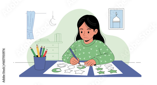 Young Girl Creative Drawing On Paper Indoor Hobby Illustration