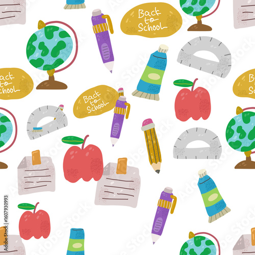 Colorful seamless pattern featuring school and art supplies, including notebooks, crayons, and paints, celebrating creativity and learning in a playful and visually appealing style.