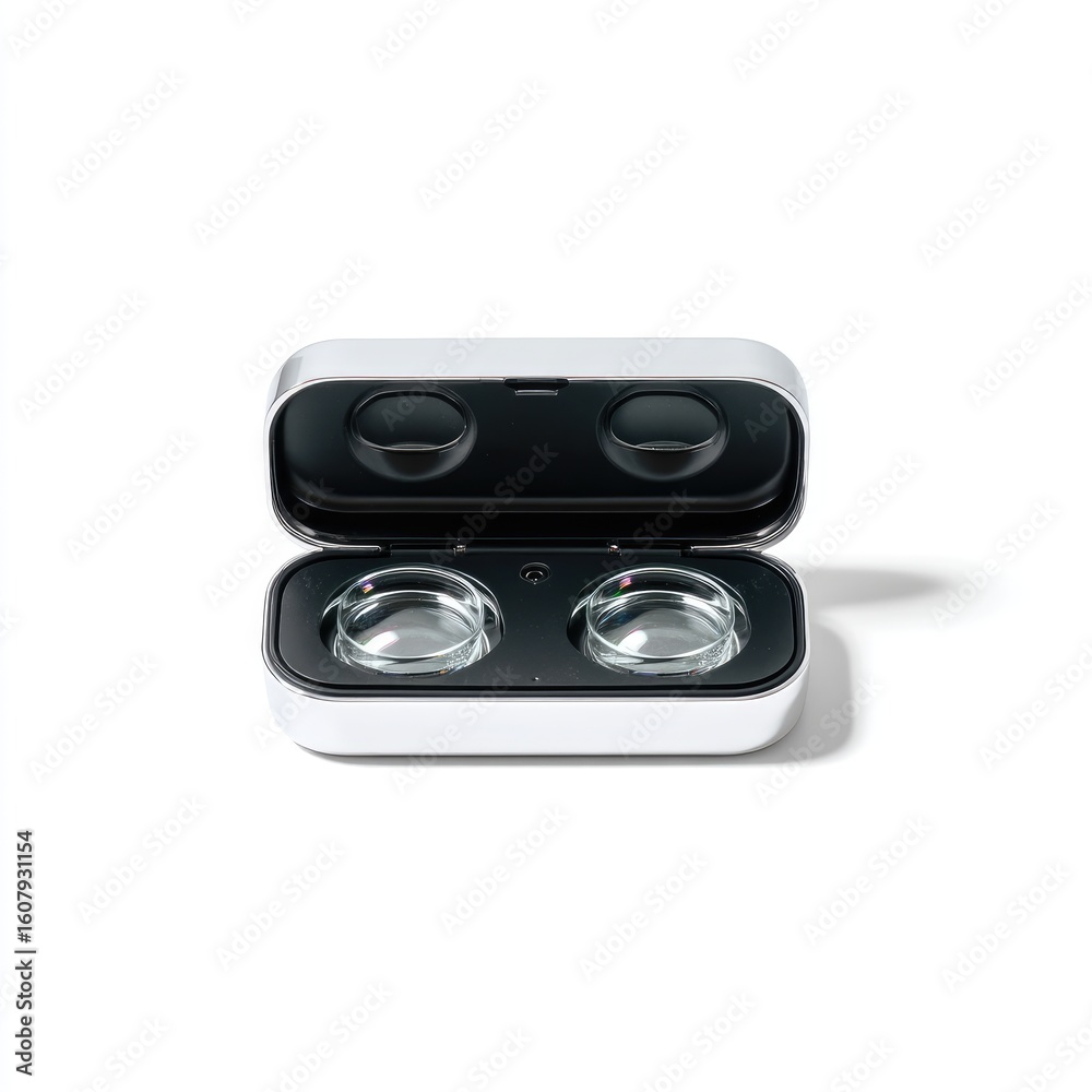 Fototapeta premium Open wireless earbuds case, light gray metal