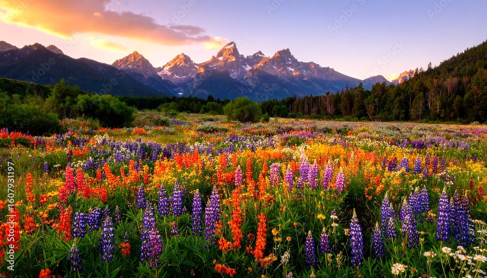Colorful wildflowers bloom in a valley at sunrise, nestled between towering mountain peaks Colorful wildflowers bloom in a valley at sunrise, nestled between towering mountain peaks