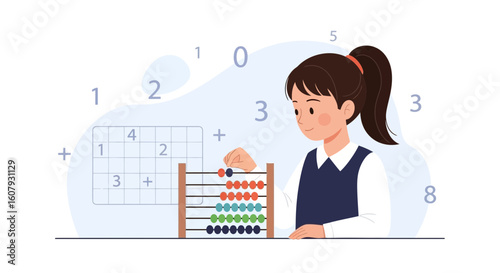 Young Girl Learning Mathematics Using Abacus in Educational Setting