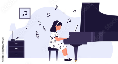 Young Girl Plays Grand Piano Surrounded By Musical Notes In Her Room